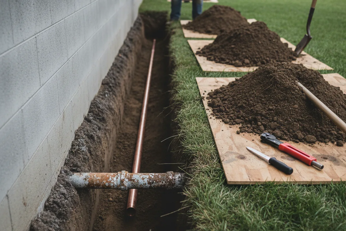 Excavated water line trench during Sewer Line Repair in Wyandotte